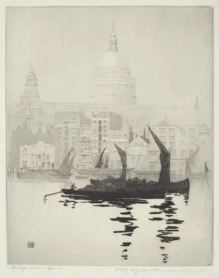 Misty Day, Paul's Wharf, London, by George Elbert Burr, ink, 1928