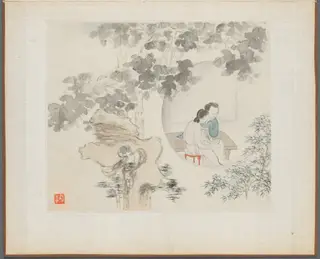 Album of Landscape Paintings Illustrating Old Poems: Two Women with Needlework in a Garden, by Hua Yan, unspecified, 1745