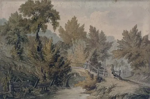 Landscape with Bridge and Stream, by James Bourne, watercolor, 1800