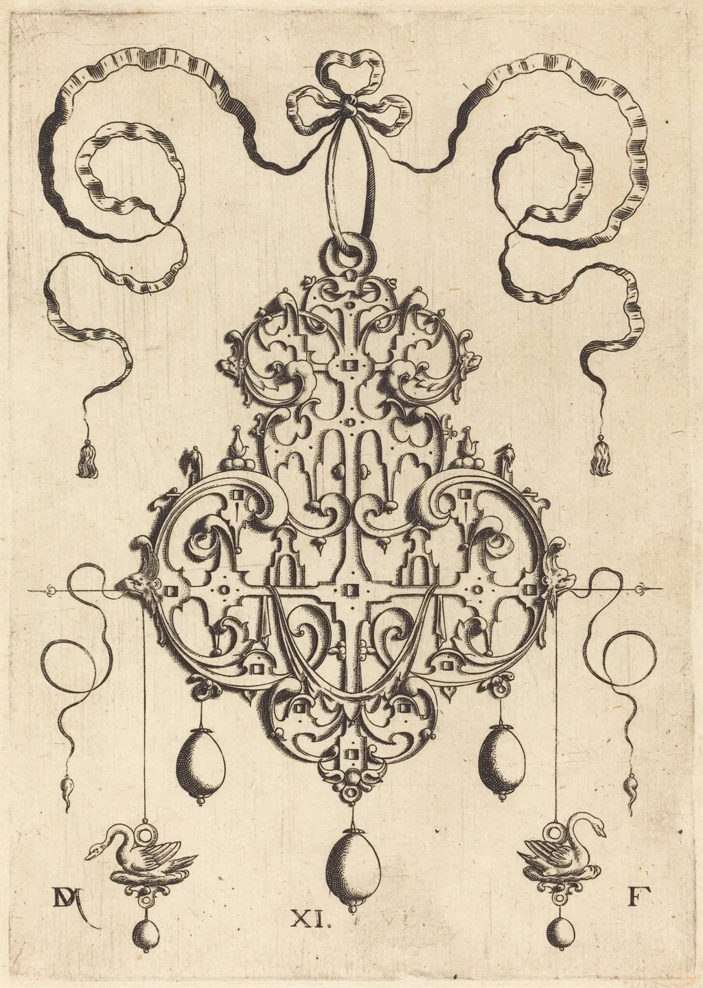 Strapwork Pendant with Two Swans as Earrings at Left and Right, by Daniel Mignot, ink, 1584