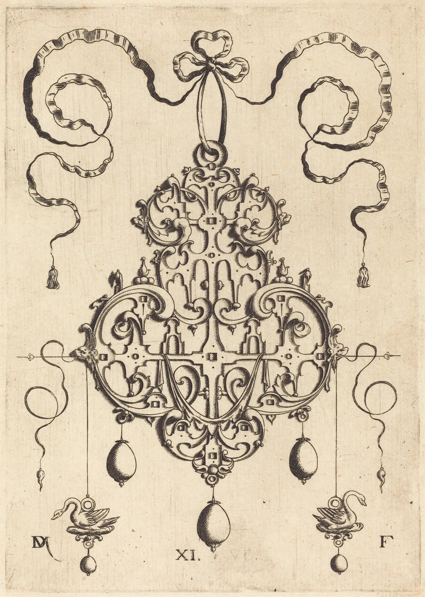 Strapwork Pendant with Two Swans as Earrings at Left and Right, detail