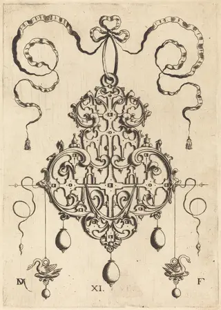 Strapwork Pendant with Two Swans as Earrings at Left and Right, by Daniel Mignot, ink, 1584