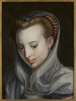 Head of a woman looking down to the right, by Bernaert de Rijckere, oil, 1590