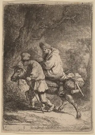 The Flight into Egypt: Small, by Rembrandt van Rijn, ink, 1633