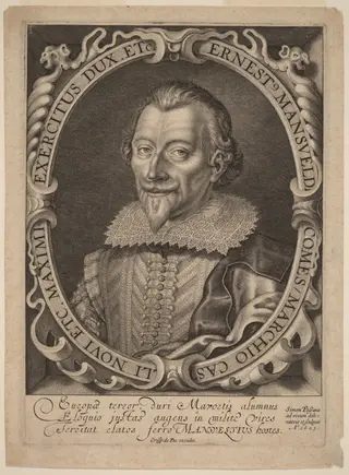 Count Ernest Mansfeld, by Simon van de Passe, ink, 1623