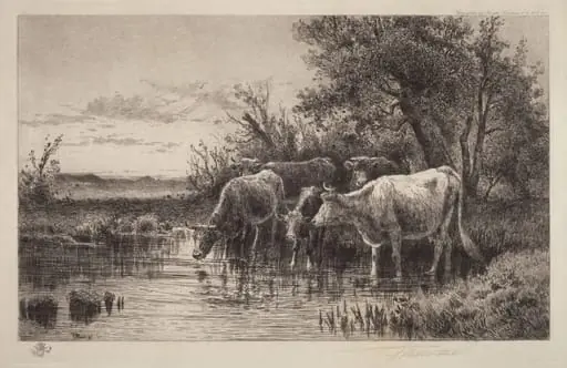 The Evening Hour, by Peter Moran, ink, 1889