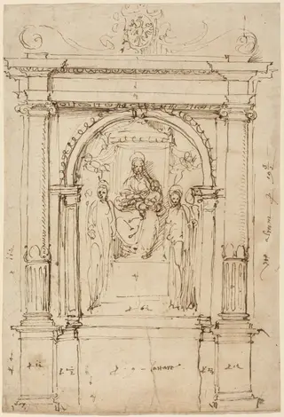 Altarpiece of the Madonna and Child with Saints, in Its Architectural Setting, by Perino del Vaga, ink, 1532