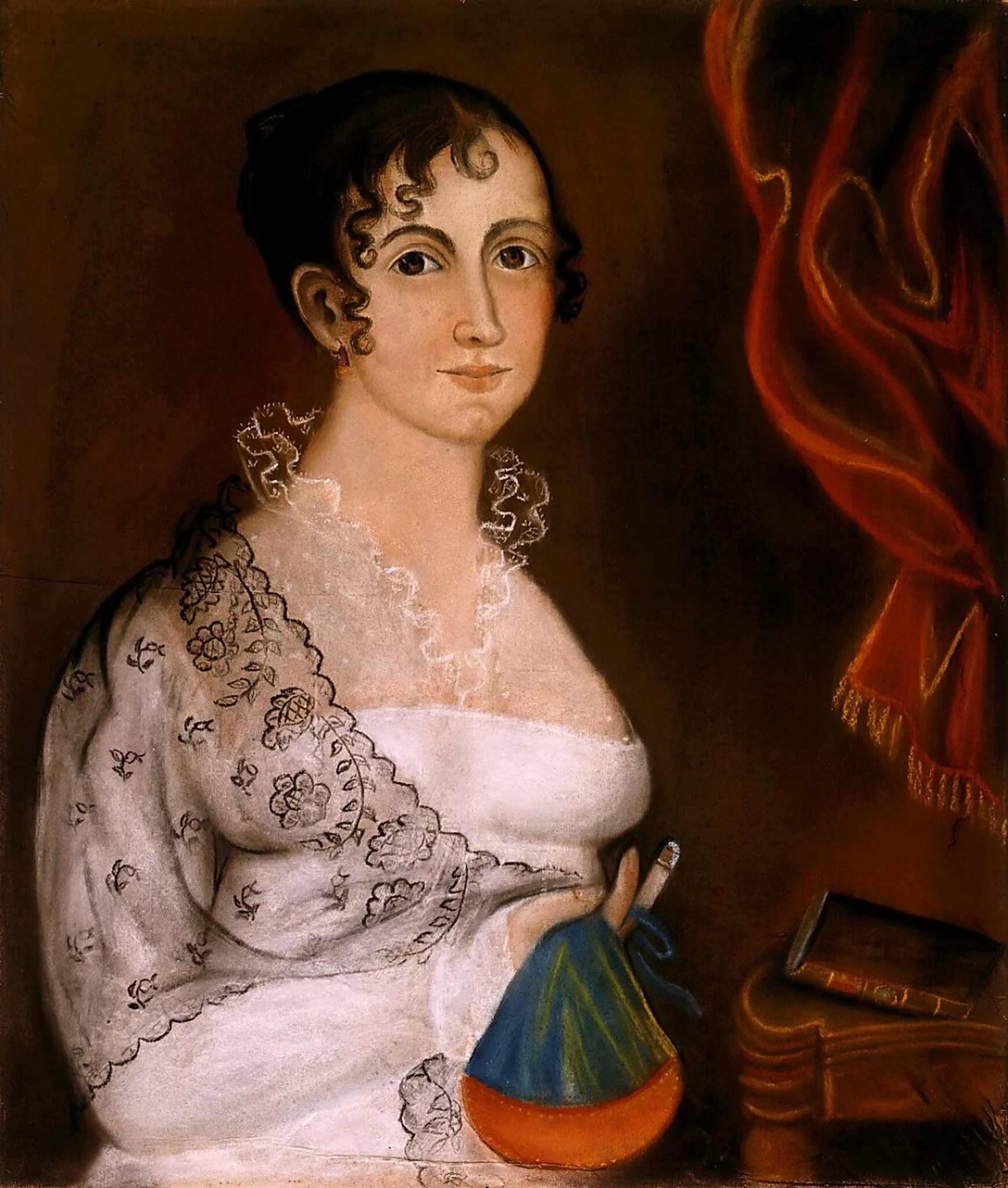 Lady with Red and Blue Sewing Bag, detail
