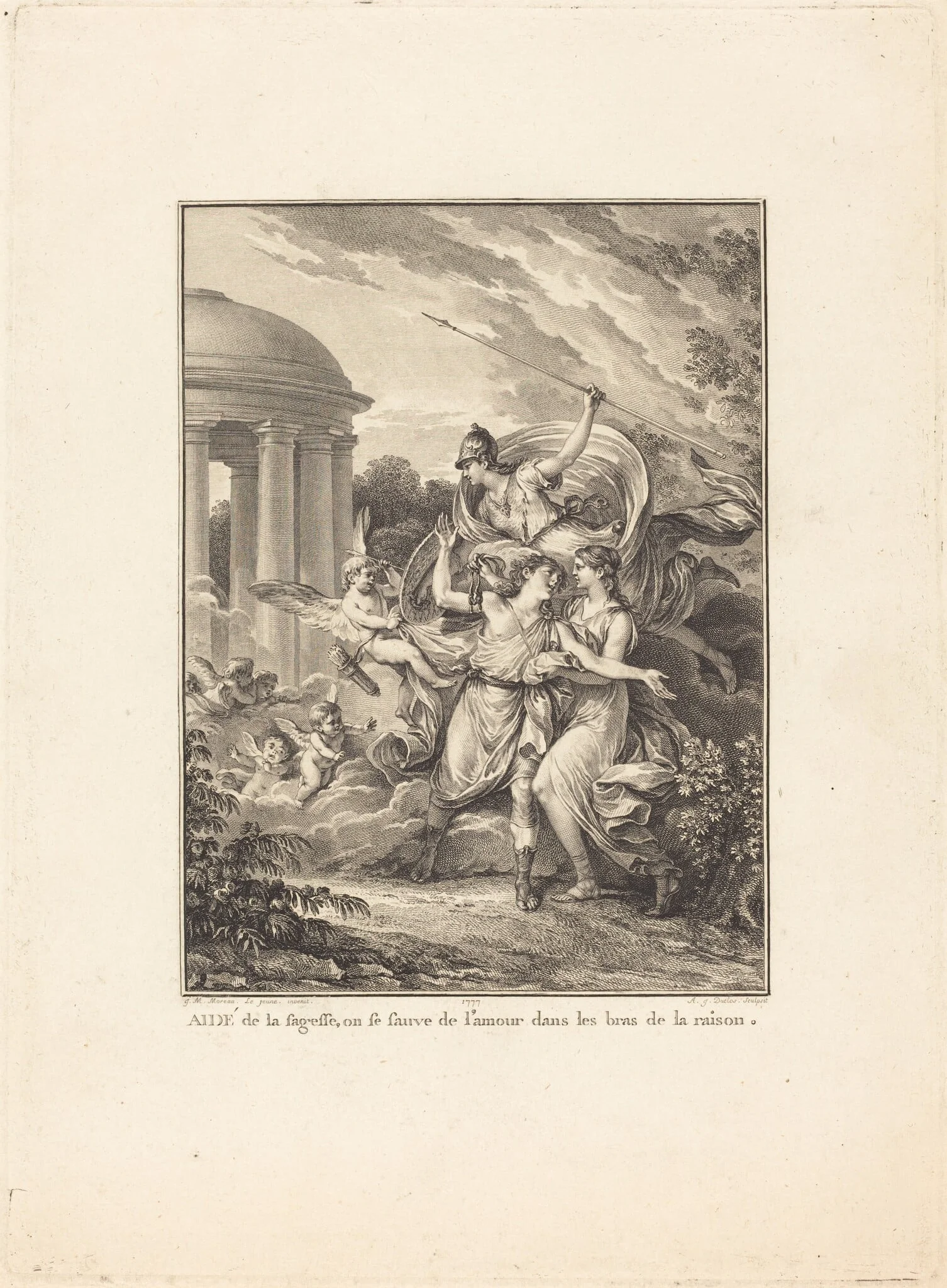Frontispiece: Aidé de la sagesse, on se sauve de l'amour dans les bras de la raison, detail