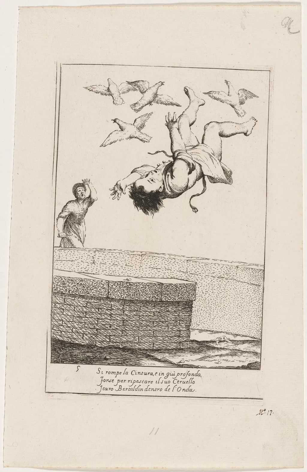 Bertoldino Falling into a Fish Pond, by Giuseppe Maria Crespi, ink, 1712