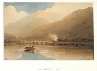 Landscape with Mountains, Lake and Bridge, by John Varley, watercolor, 1800