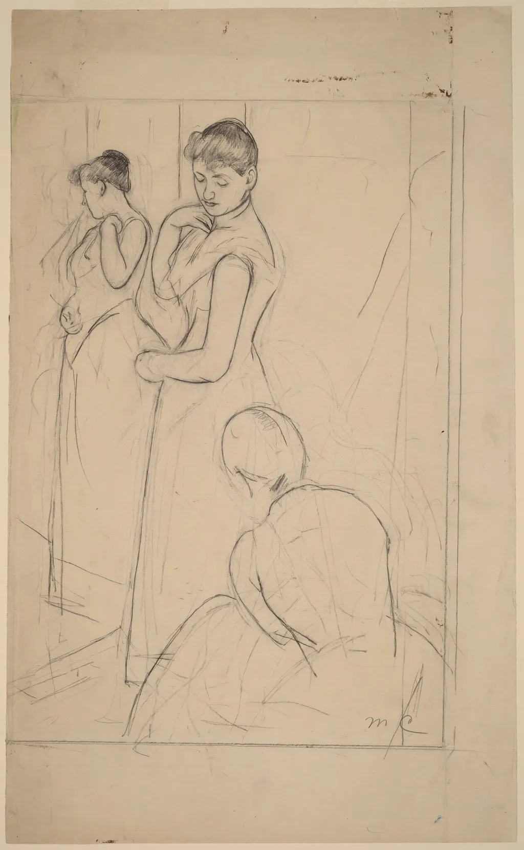 The Fitting [recto], by Mary Cassatt, chalk, 1890