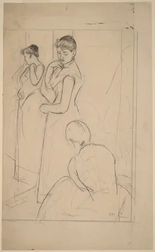 The Fitting [recto], by Mary Cassatt, chalk, 1890