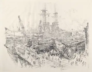Building Submarine Chasers, by Joseph Pennell, ink, 1917