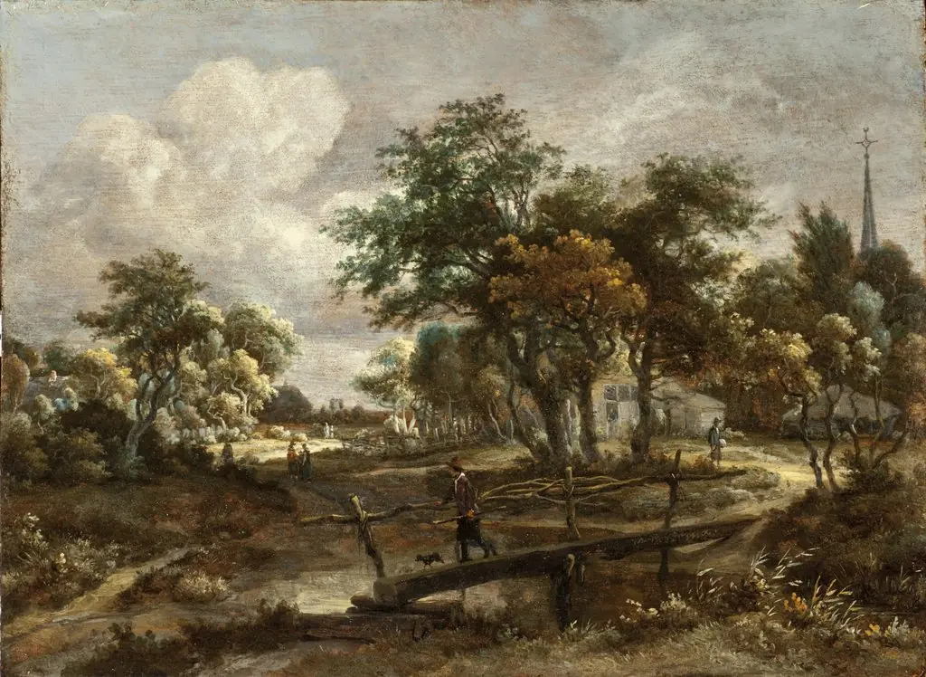 Landscape with a Footbridge, by Meindert Hobbema, oil, 1664