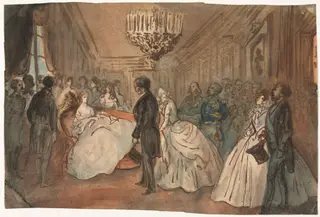 The Empress Eugénie Receiving the Diplomatic Corps after the Birth of the Imperial Prince, by Constantin Guys, 1856