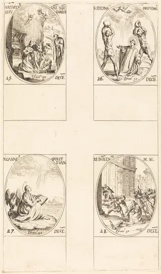The Nativity; St. Stephen; St. John; Holy Innocents, by Jacques Callot, ink, 1634