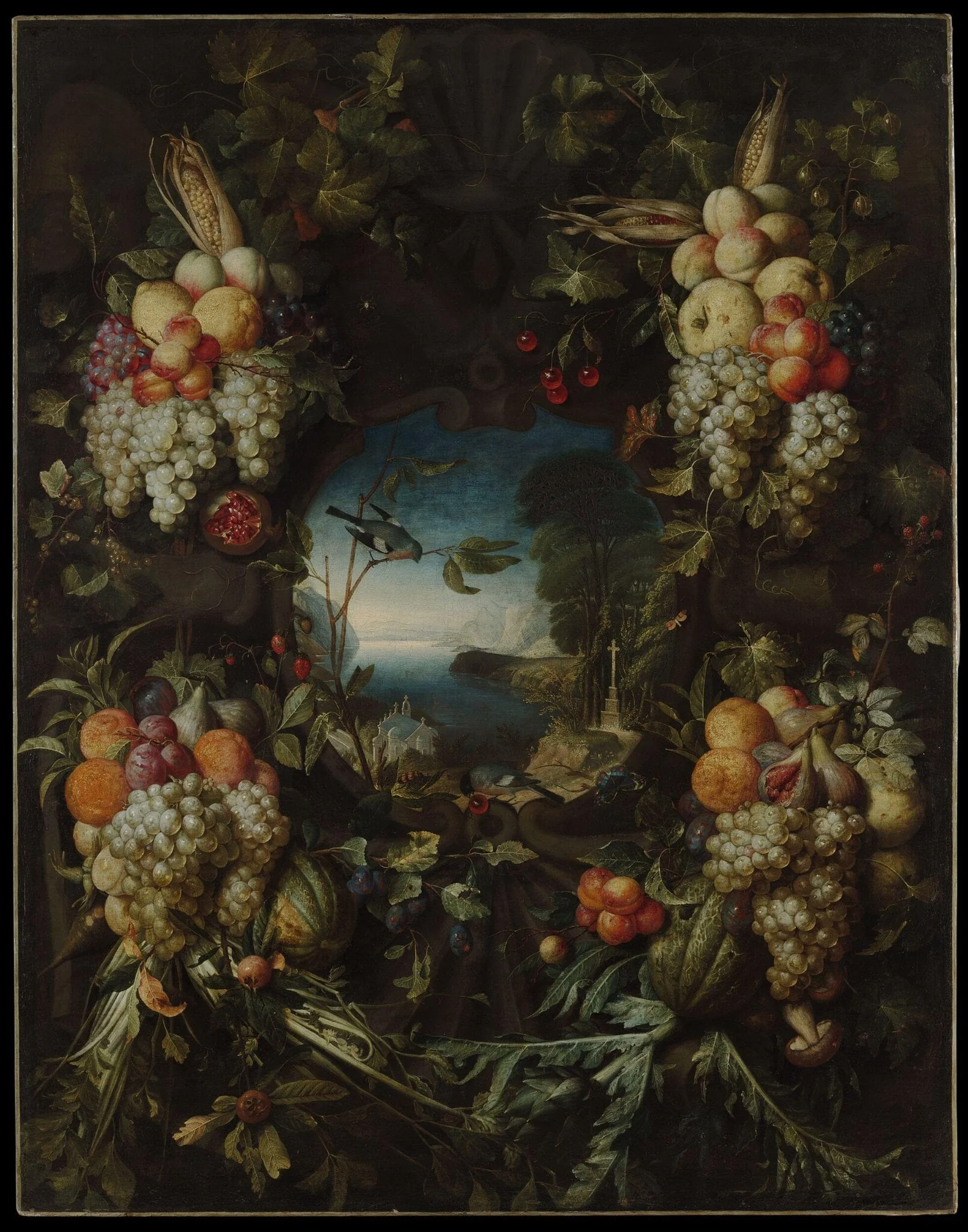 Garland of Fruit Surrounding a Cartouche Opening onto a Landscape, detail
