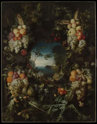 Garland of Fruit Surrounding a Cartouche Opening onto a Landscape, by Jan Pauwel Gillemans, oil, 1650