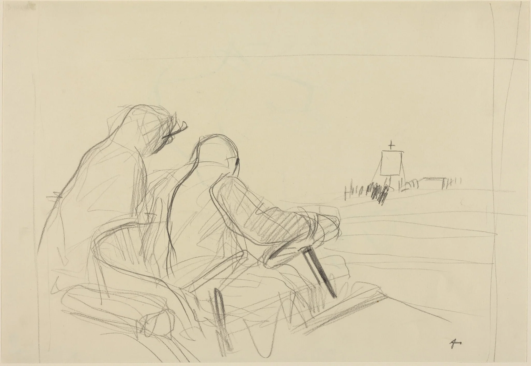 a) Chauffeur and Procession (recto); b) Two Sketches of Chauffeur and Passenger (verso), detail