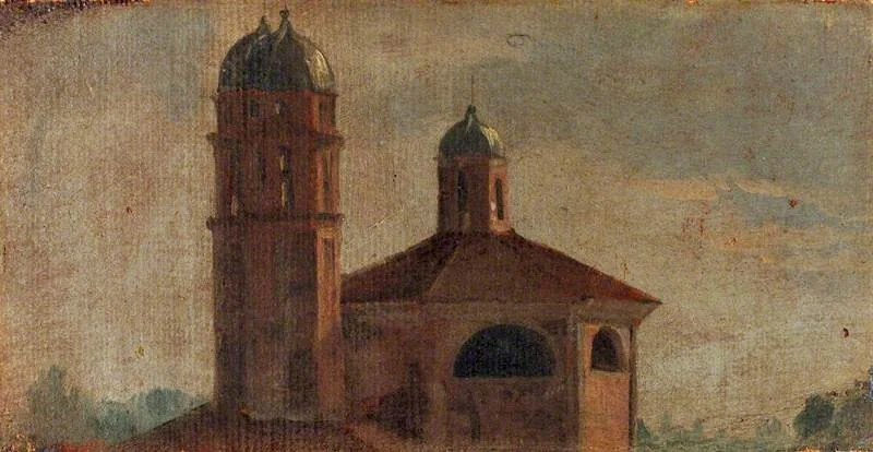 The Upper Section of a Church with a Hexagonal Dome and Two Towers, detail