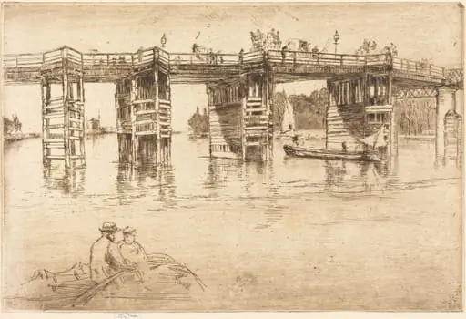 Old Putney Bridge, by James McNeill Whistler, ink, 1879