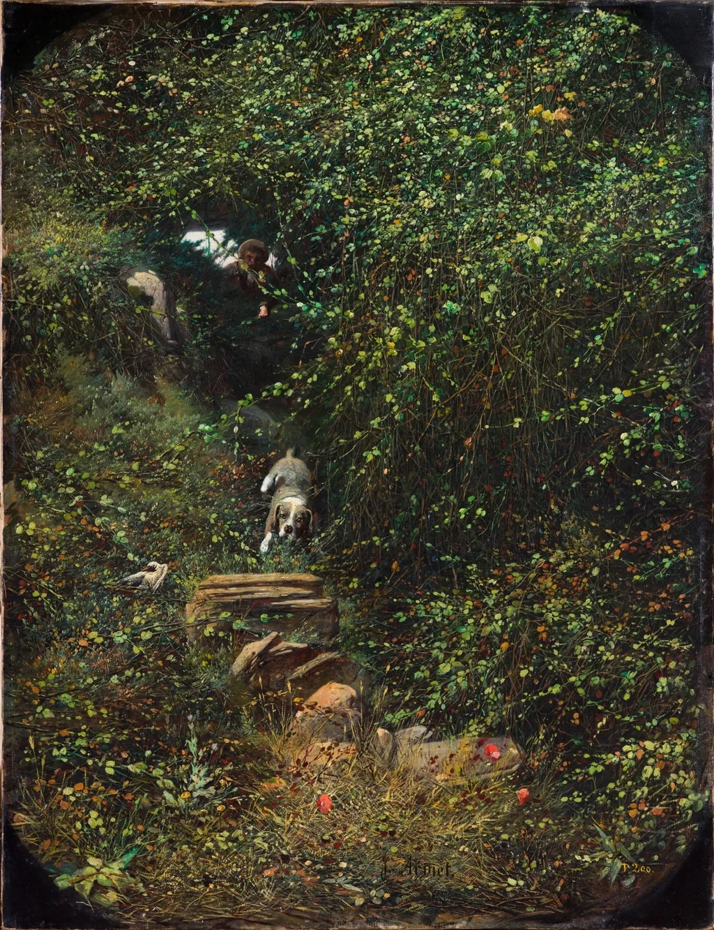 Paisaje con cazador y perro, by José Armet Portanell, oil, 1866