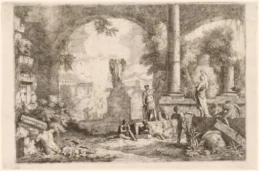 Capriccio of Antique Ruins with Men Gazing at a Classical Orator, by Marco Ricci, ink, 1724