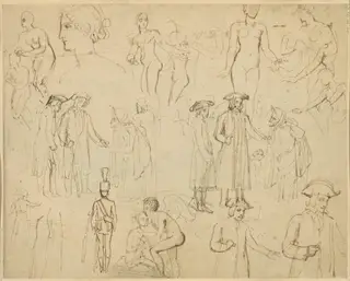 Roger de Coverley and the Gypsies [verso], by Thomas Stothard, ink, 1803