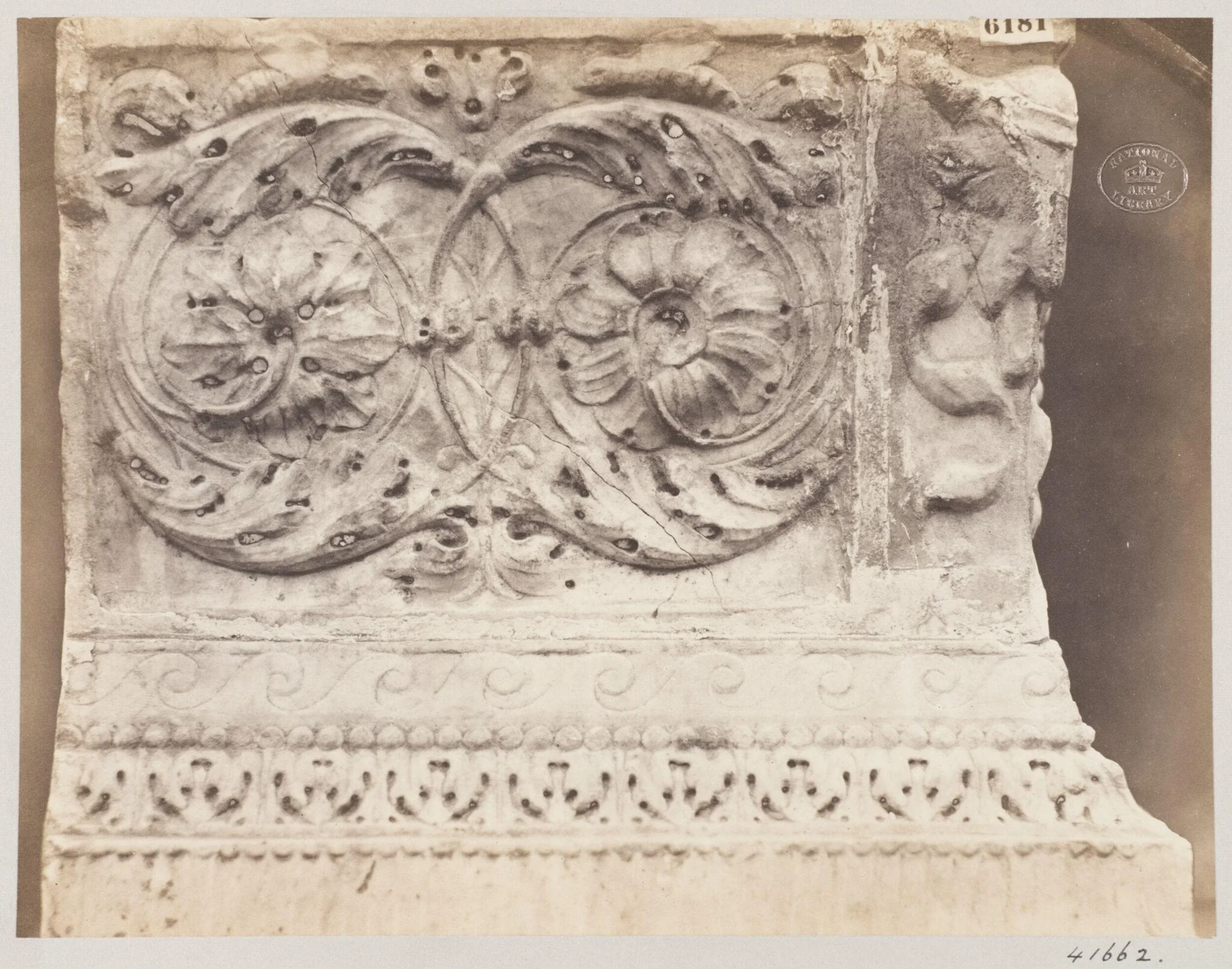 Marble portion of a sacophagus ornamented with bas-relief foliage, detail