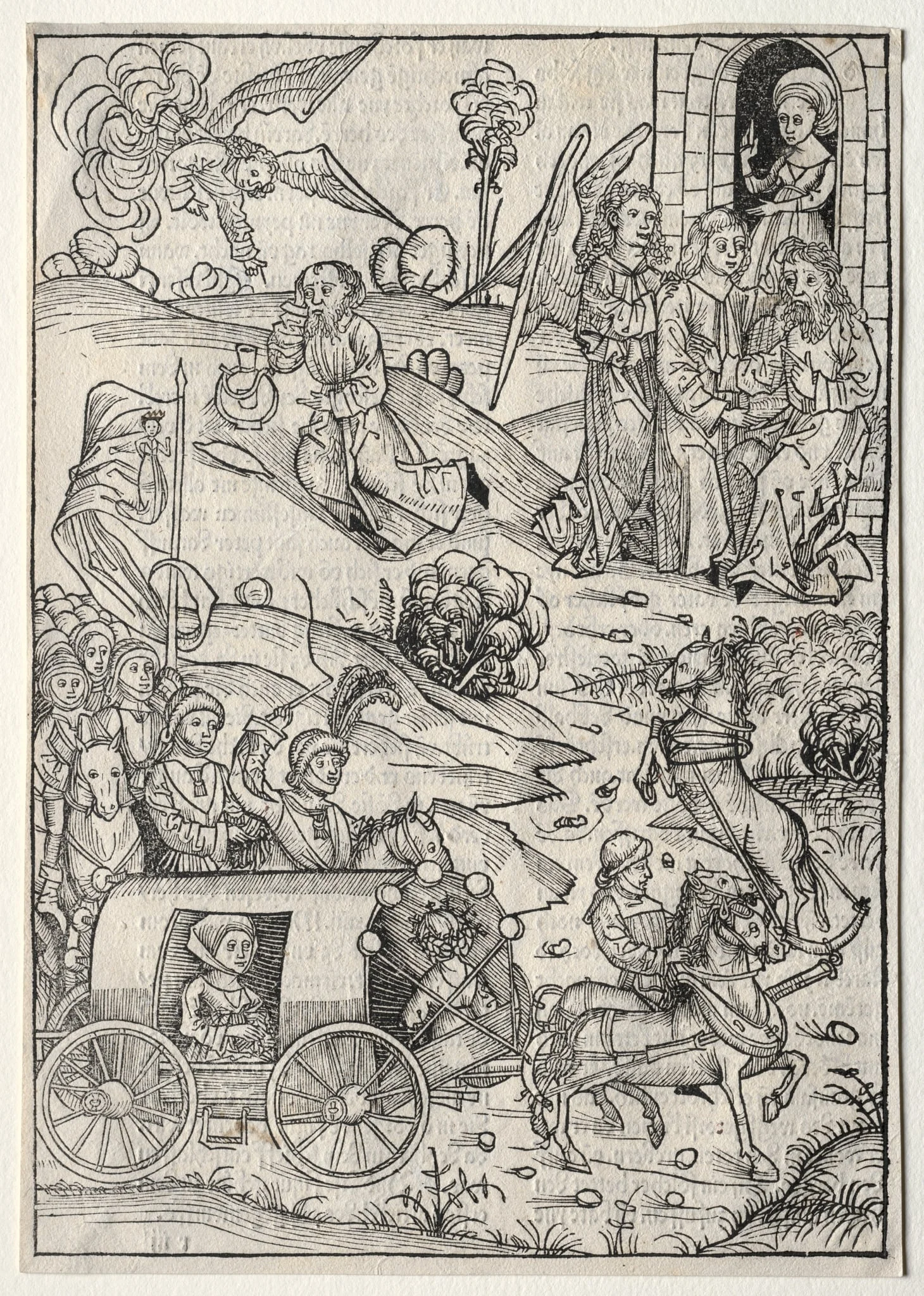Der Schatzbehalter: The Return of Tobias to Tobit; The Arrival of Tobias' Wife; The Angel Bringing Food and Drink to Elijah in the Desert, detail