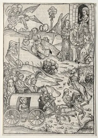Der Schatzbehalter:  The Return of Tobias to Tobit; The Arrival of Tobias' Wife; The Angel Bringing Food and Drink to Elijah in the Desert, by Michael Wolgemut, 1491