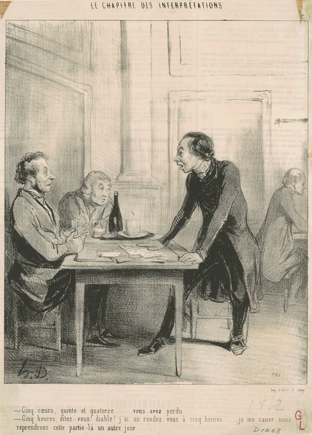 Cinq coeurs, quinte et quatorze ..., by Honoré Daumier, ink, 1843