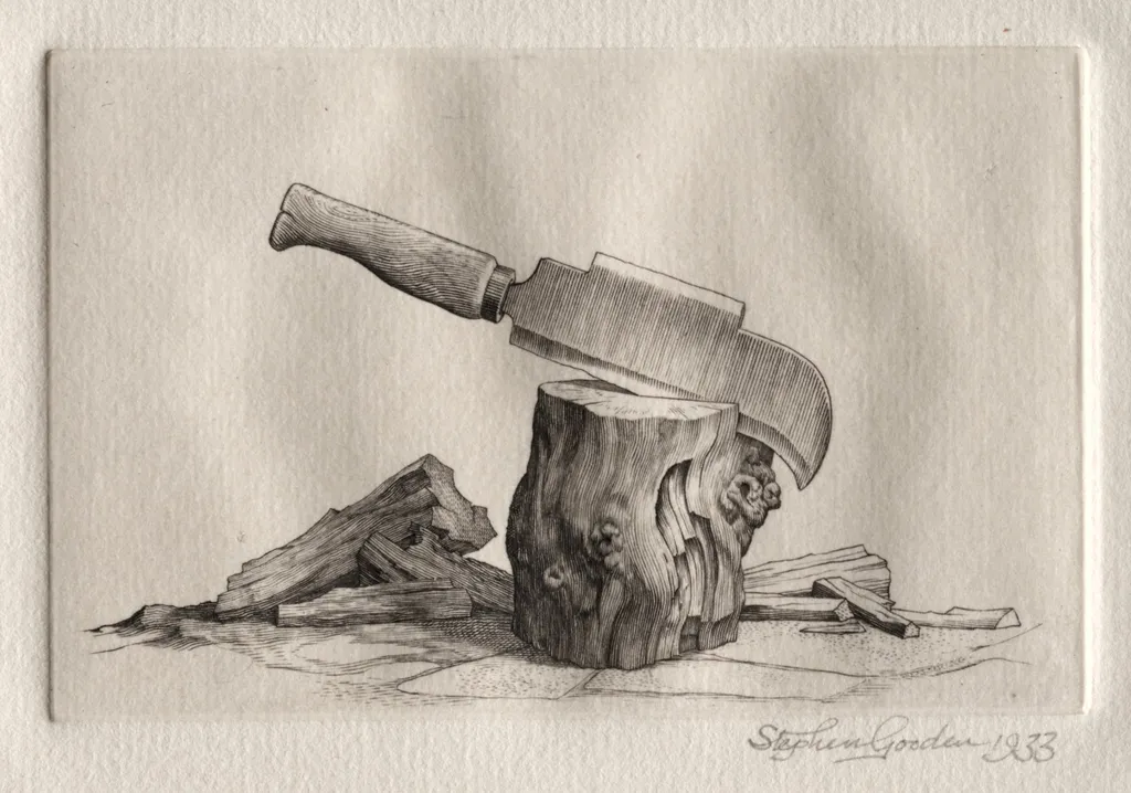 Illustration for "Peronnik the Fool":  A Bill and a Wooden Block, by Stephen Gooden, 1933