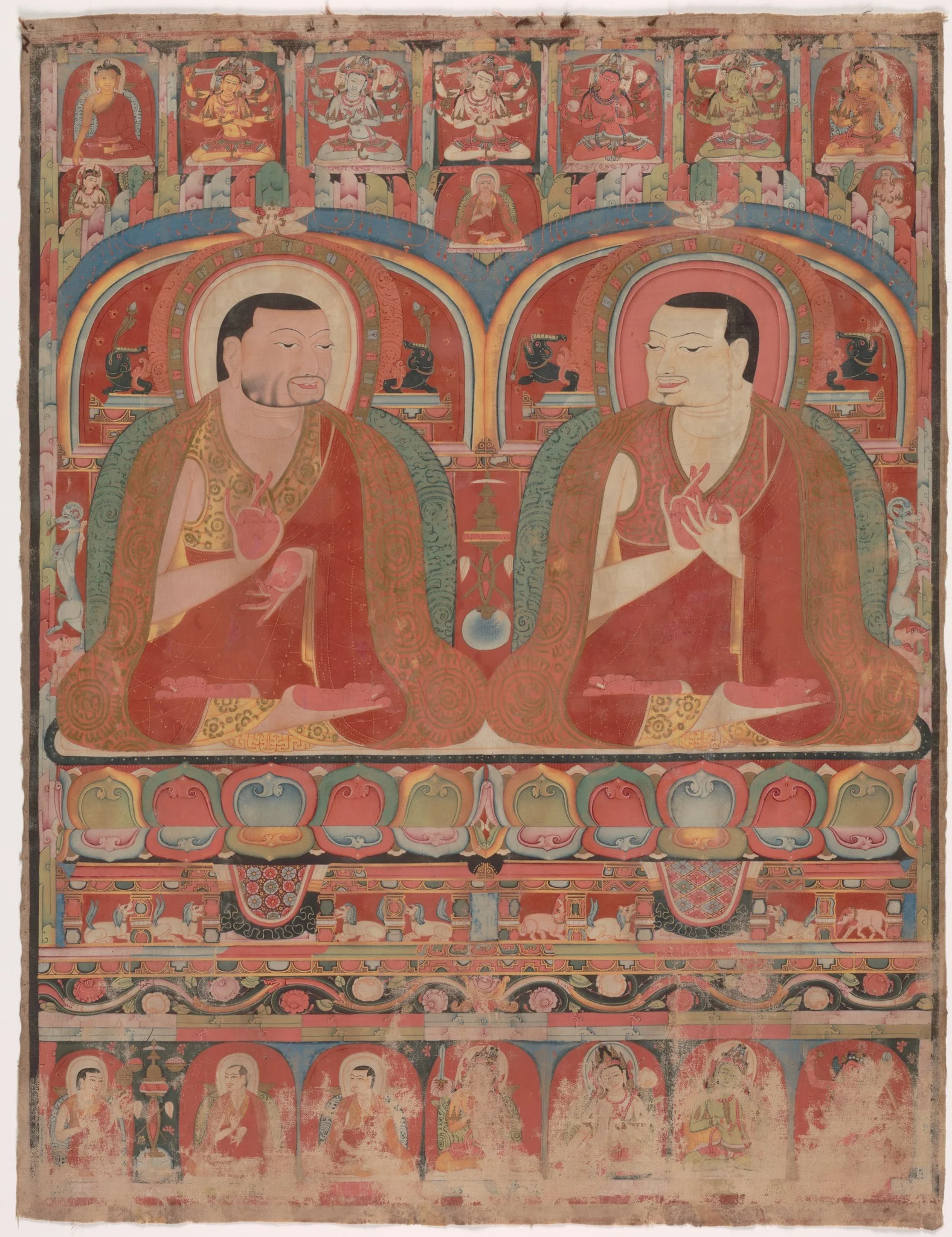 Portraits of Two Lineage Masters of the Kagyu Order: Phagmo Drupa (1110–1170) and Tashipel (1142–1210), detail