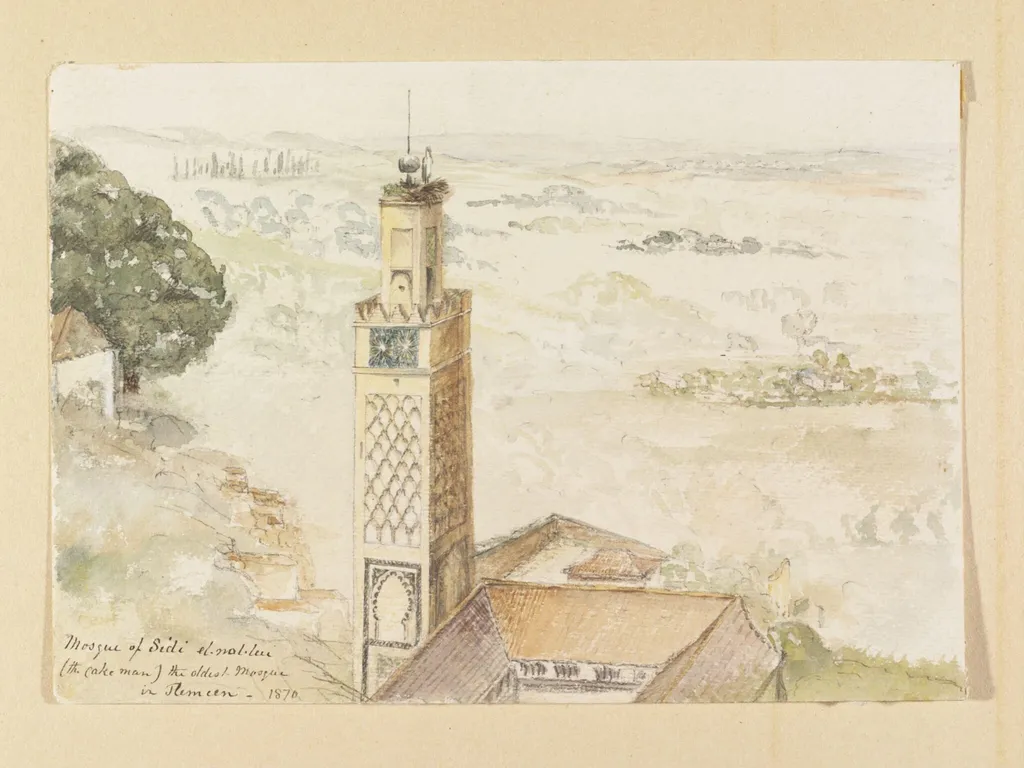 Mosque of Sidi el-hal-lui [Saiyyid al-Halawi] (the cake man) the oldest mosque in Tlemcen, by John Baptist Joseph Dormer, watercolor, 1870