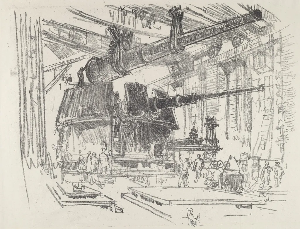 Fitting Guns in Turrets, by Joseph Pennell, ink, 1916