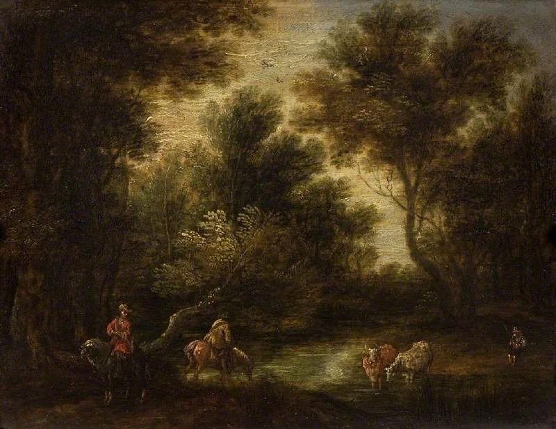 Wooded landscape with stream and figures, detail