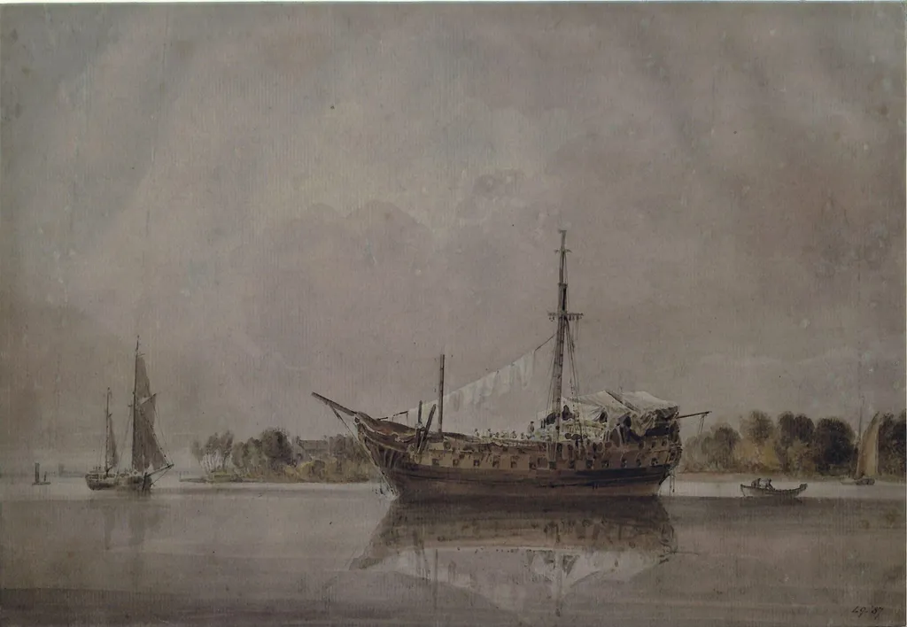 Dismantled vessel lying at anchor off a low point of land, by Francia, watercolor, 1795
