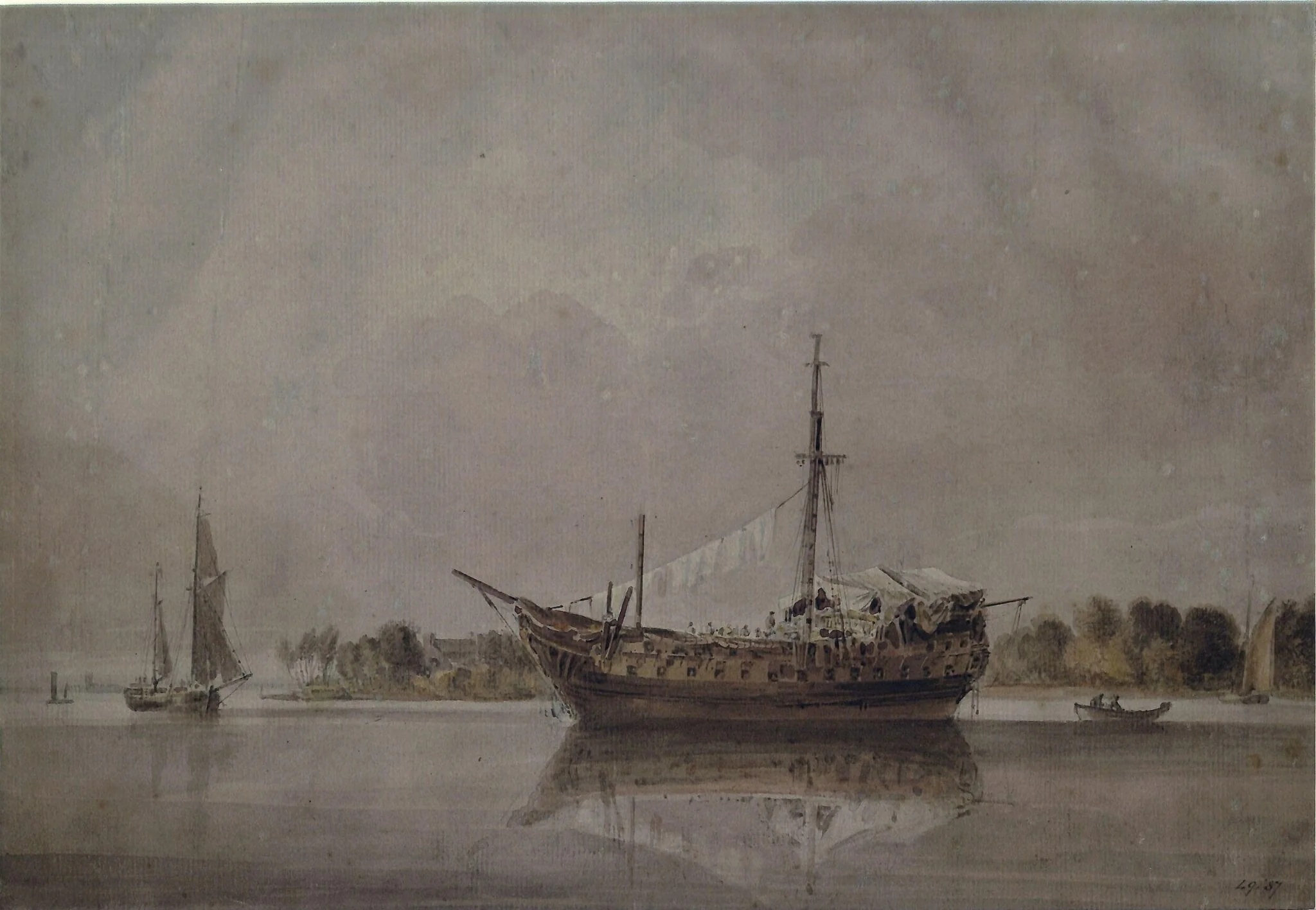 Dismantled vessel lying at anchor off a low point of land, detail