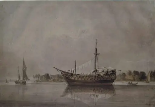 Dismantled vessel lying at anchor off a low point of land, by Francia, watercolor, 1795