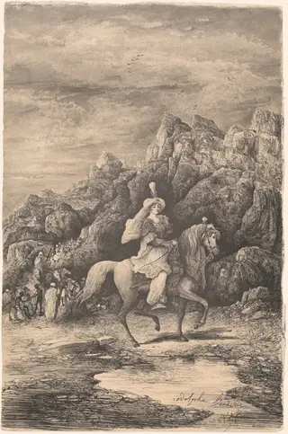 Oriental Horsewoman in a Desolate Mountain Landscape, by Rodolphe Bresdin, ink, 1858