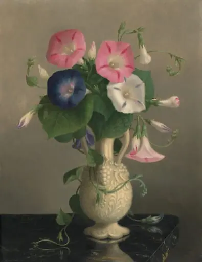 Vase of Morning Glories, by Hannah Brown Skeele, oil, 1865