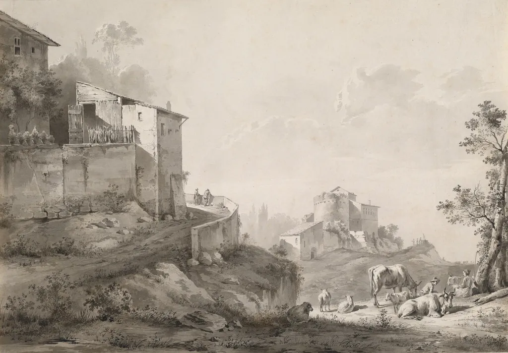 A Sunlit Landscape with Hilltop Houses, by Jean-Jacques de Boissieu, ink, 1782