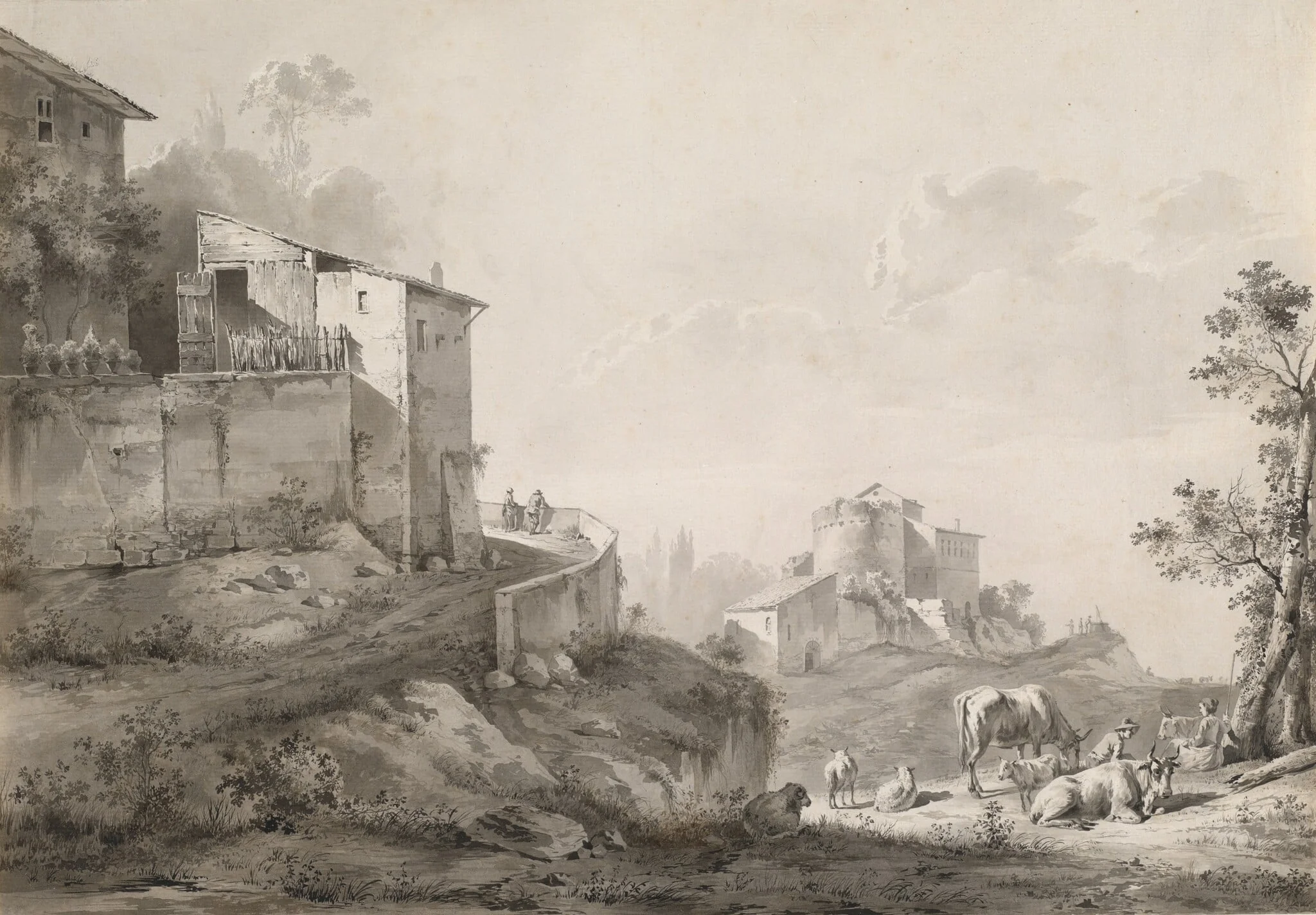 A Sunlit Landscape with Hilltop Houses, detail