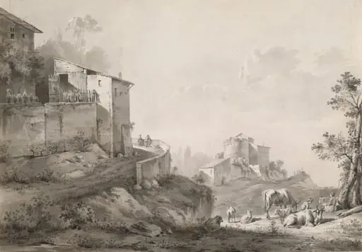 A Sunlit Landscape with Hilltop Houses, by Jean-Jacques de Boissieu, ink, 1782