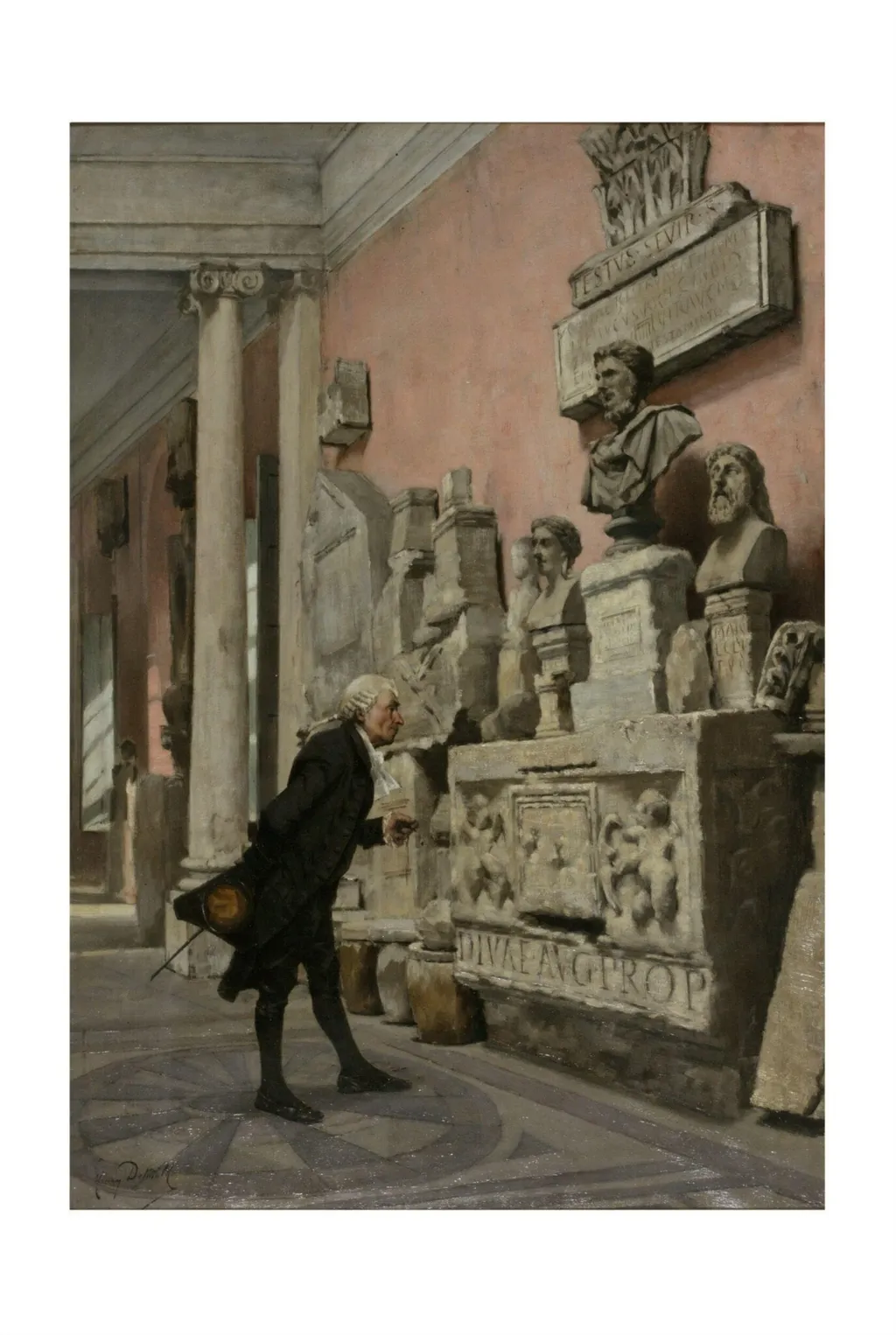 The Archaeologist: Interior of the Musée Calvet, Avignon with a Man Examining Sculpture, by Henry Edward Detmold, oil, 1880