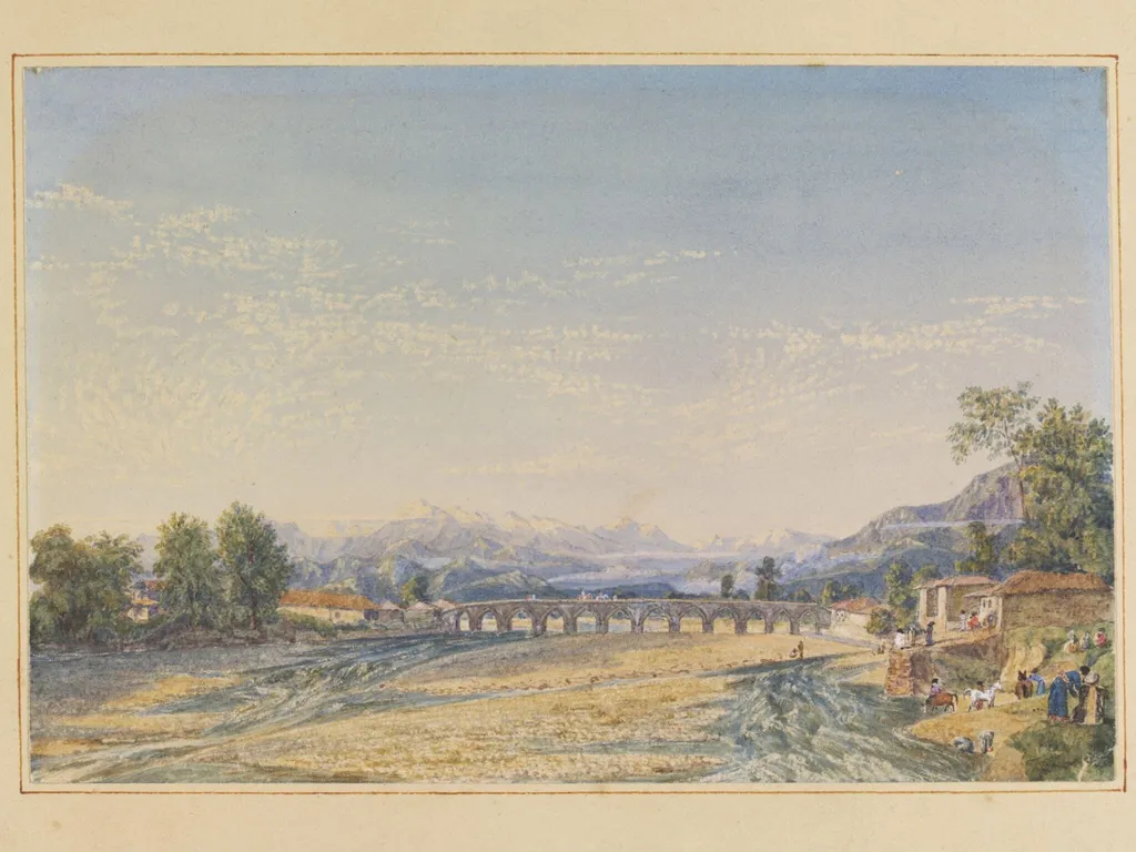 Bridge over the river Herauz at Amol, a town of Mazunderan, by James Baillie Fraser, watercolor, 1824
