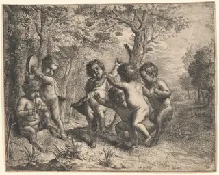 Four Dancing Children and Two Making Music, by Erasmus Quellinus II, ink, 1645