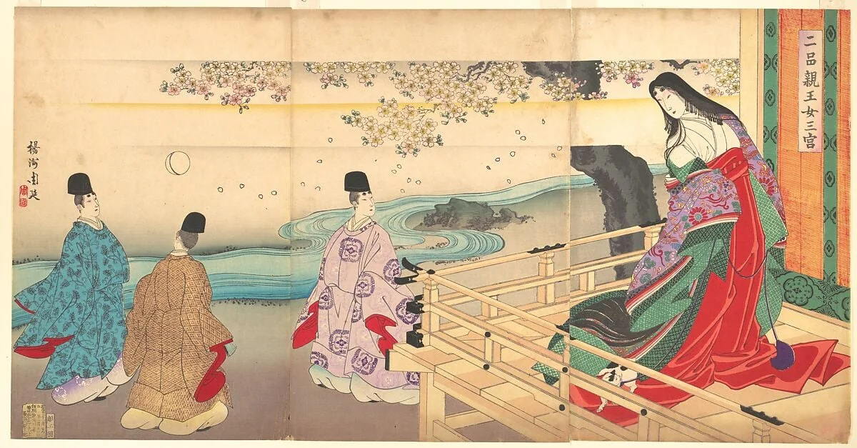 二品親王女三宮|The Third Princess and Kashiwagi, from Chapter 34, “New Herbs I (Wakana I)” (Nihon shinnō onna sannomiya), detail